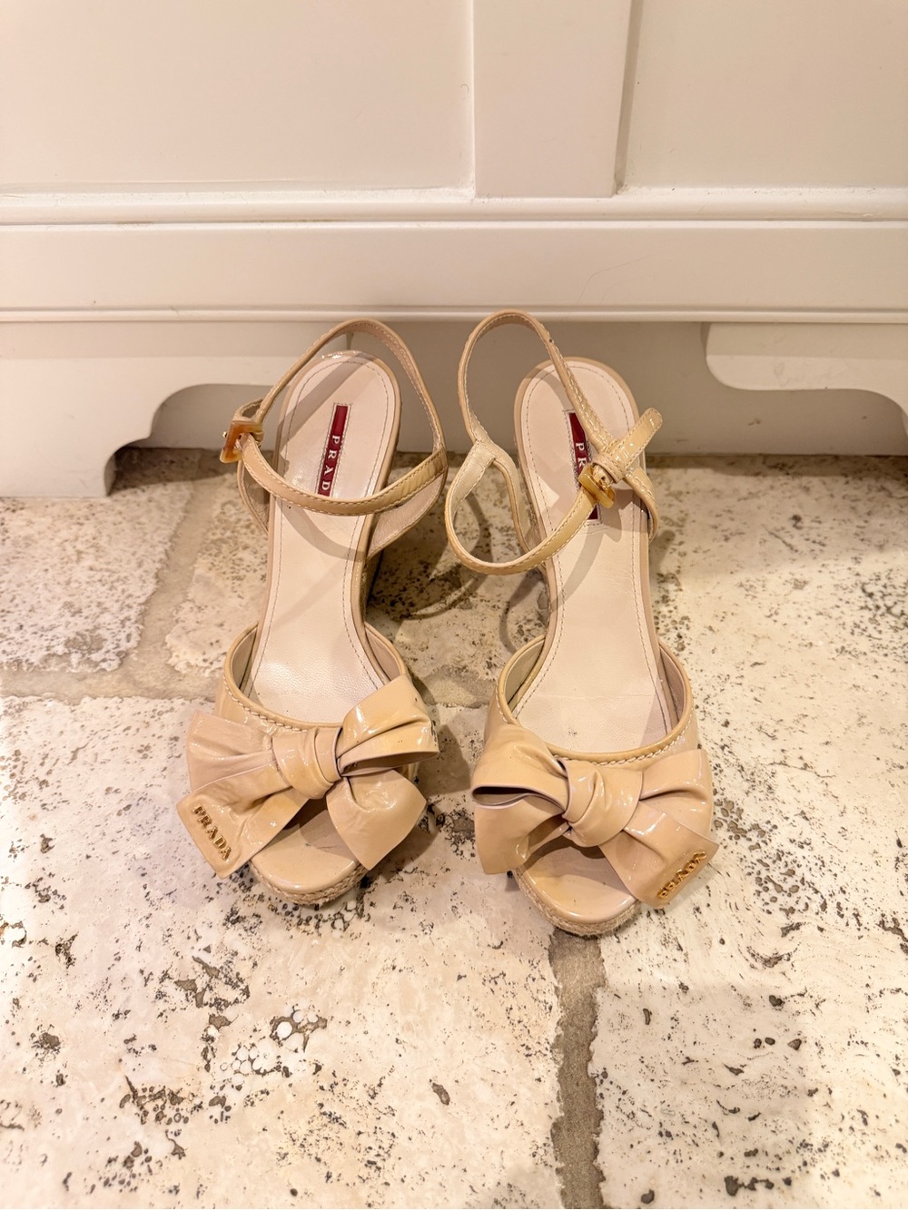 Prada Nude Patent Leather Bow Slingback Heels
